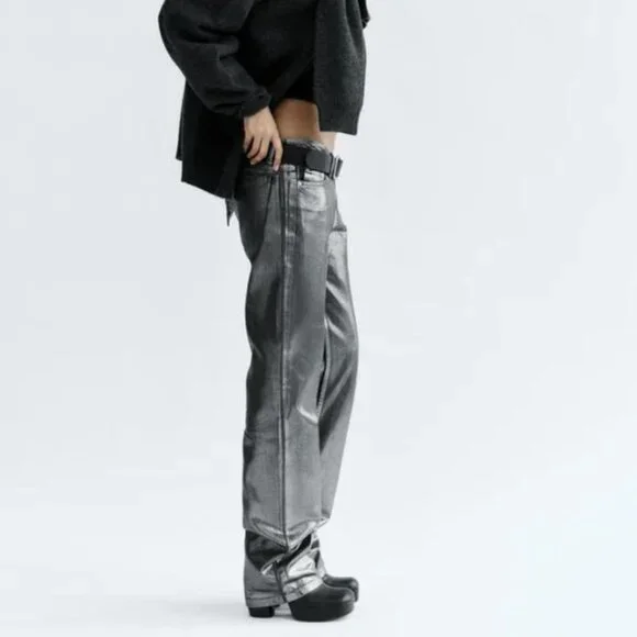 NWT ZARA MID WAIST STRAIGHT LEG FOIL JEANS BLACK - Picture 2 of 6